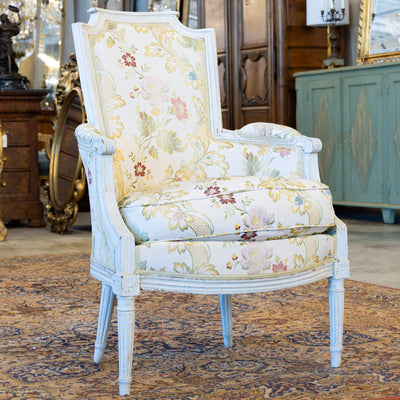 Pair of Louis XVI White Bergère Chair –Carved Frame & Original Floral Upholstery