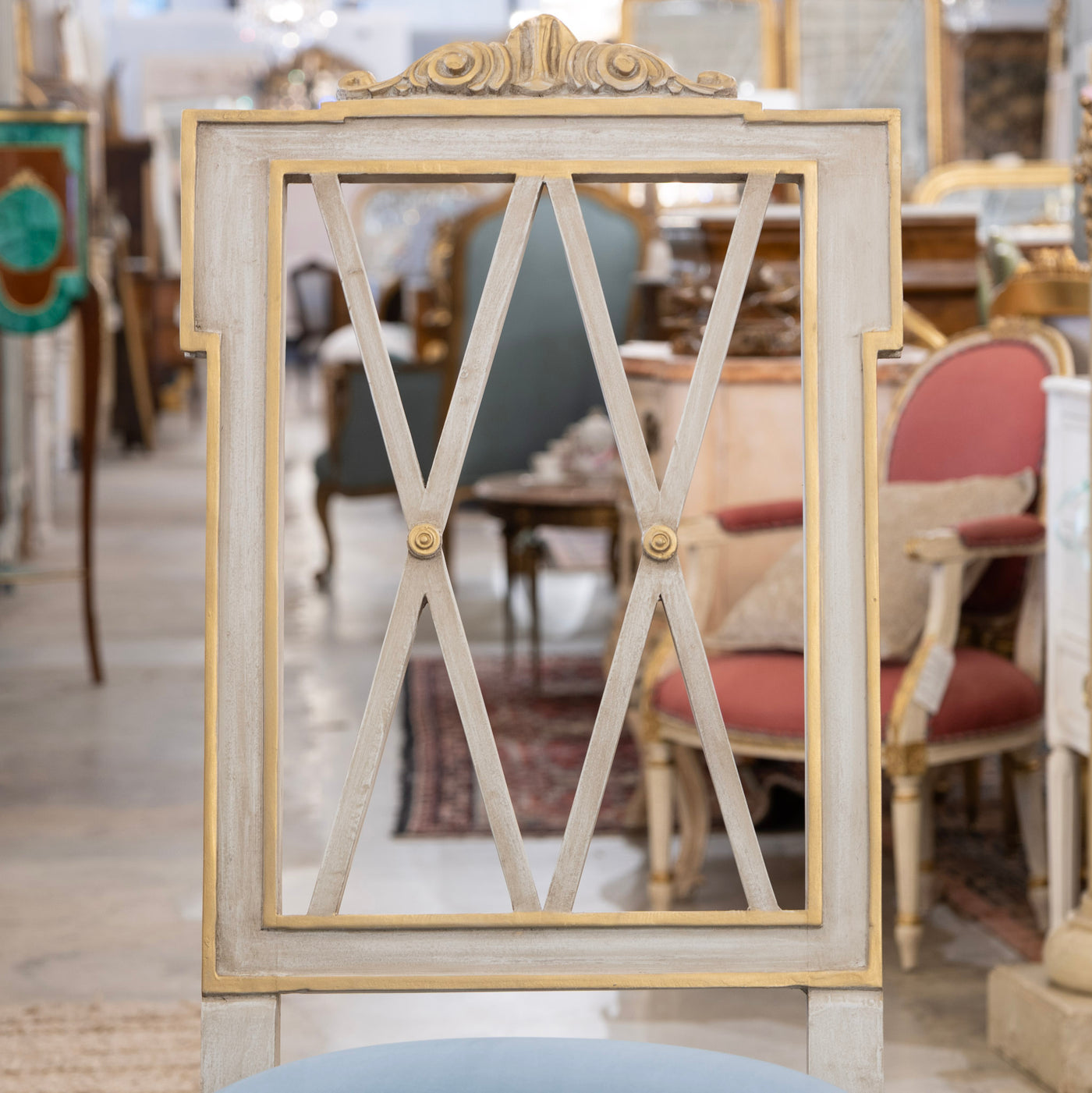 Louis XVI Dining Chair – Carved Open Back & Blue Velvet