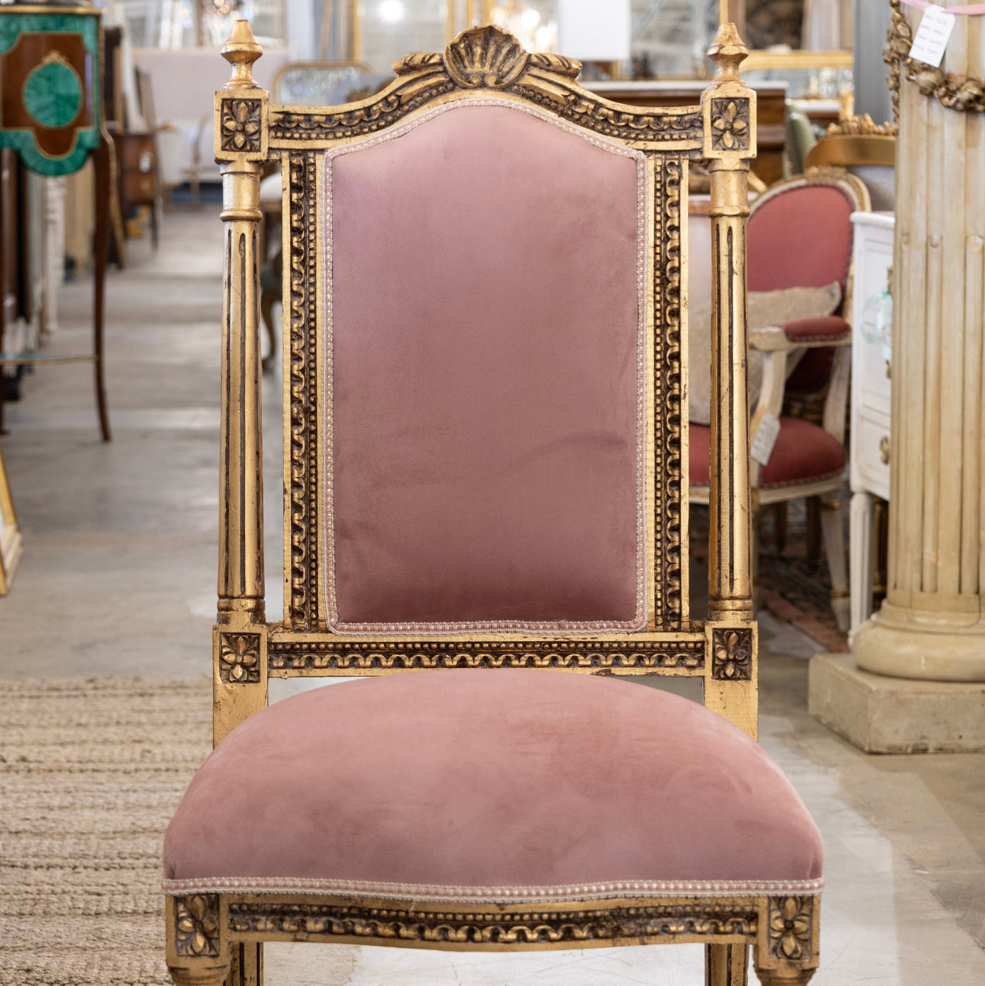 Louis XVI Gold Chair – Pink Velvet & Shell Crest