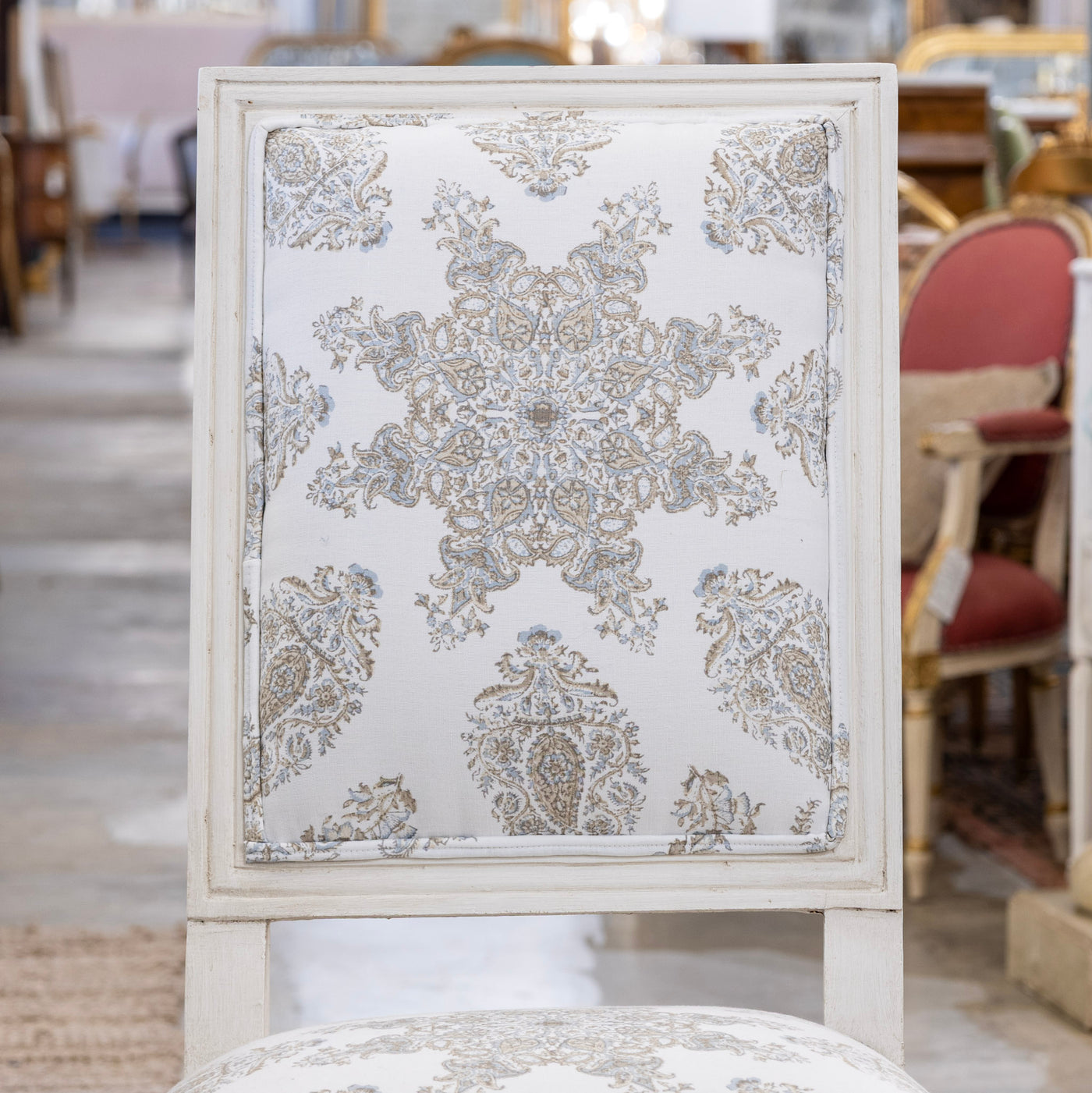Louis XVI Dining Chair – White Frame & Paisley Upholstery