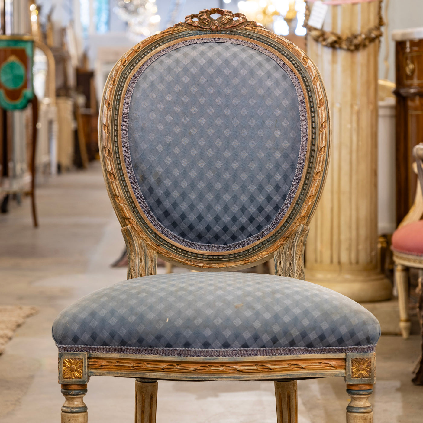 Set of 4 Louis XVI Dining Chairs – Original Blue Fabric and Paint