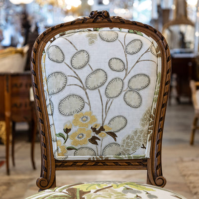 Pair of Louis XVI Side Chairs – Carved Brown Frame & Floral and Green Velvet Upholstery