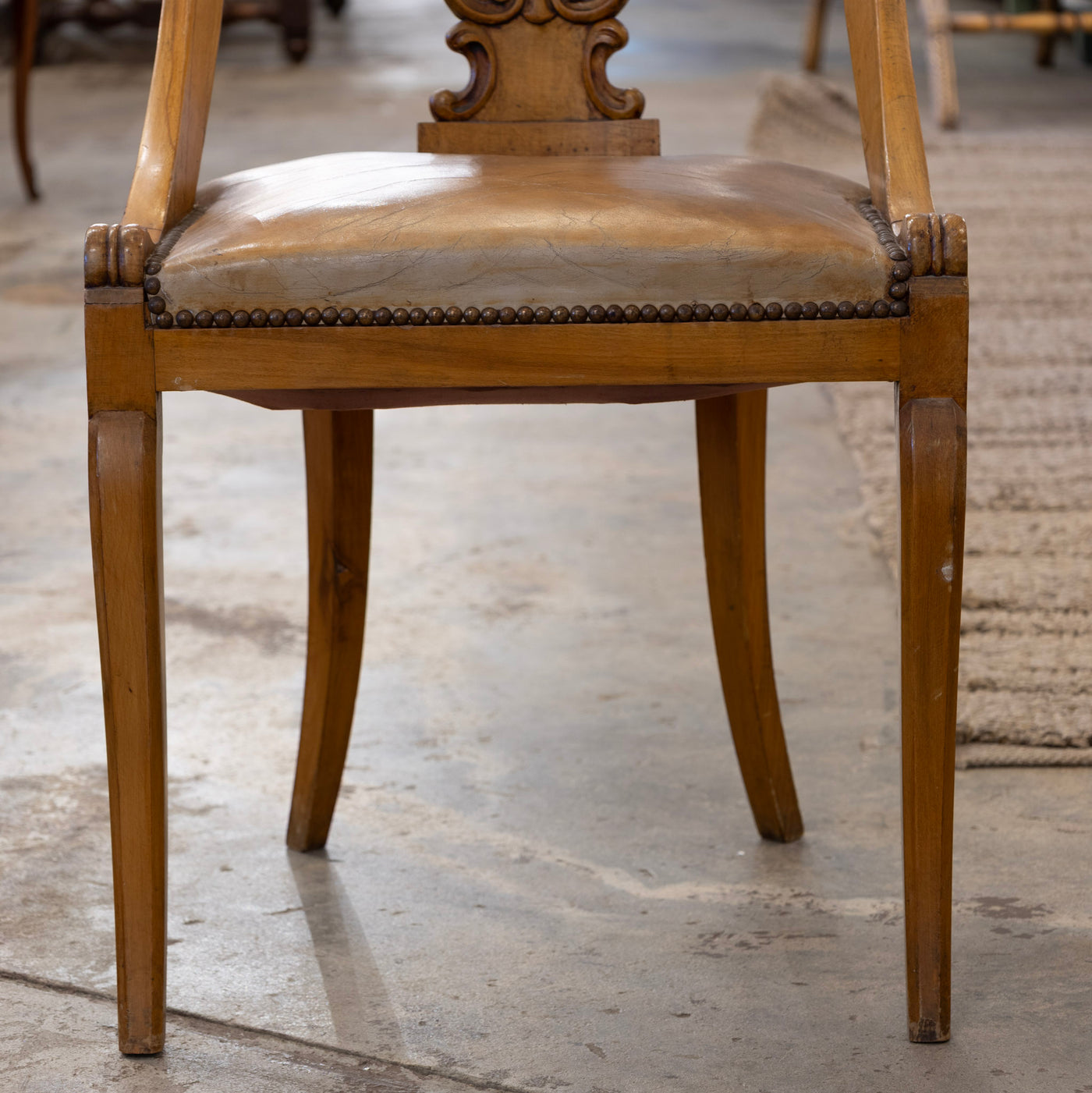 Biedermeier Dining Chair – Carved Scroll Back & Original Leather Seat