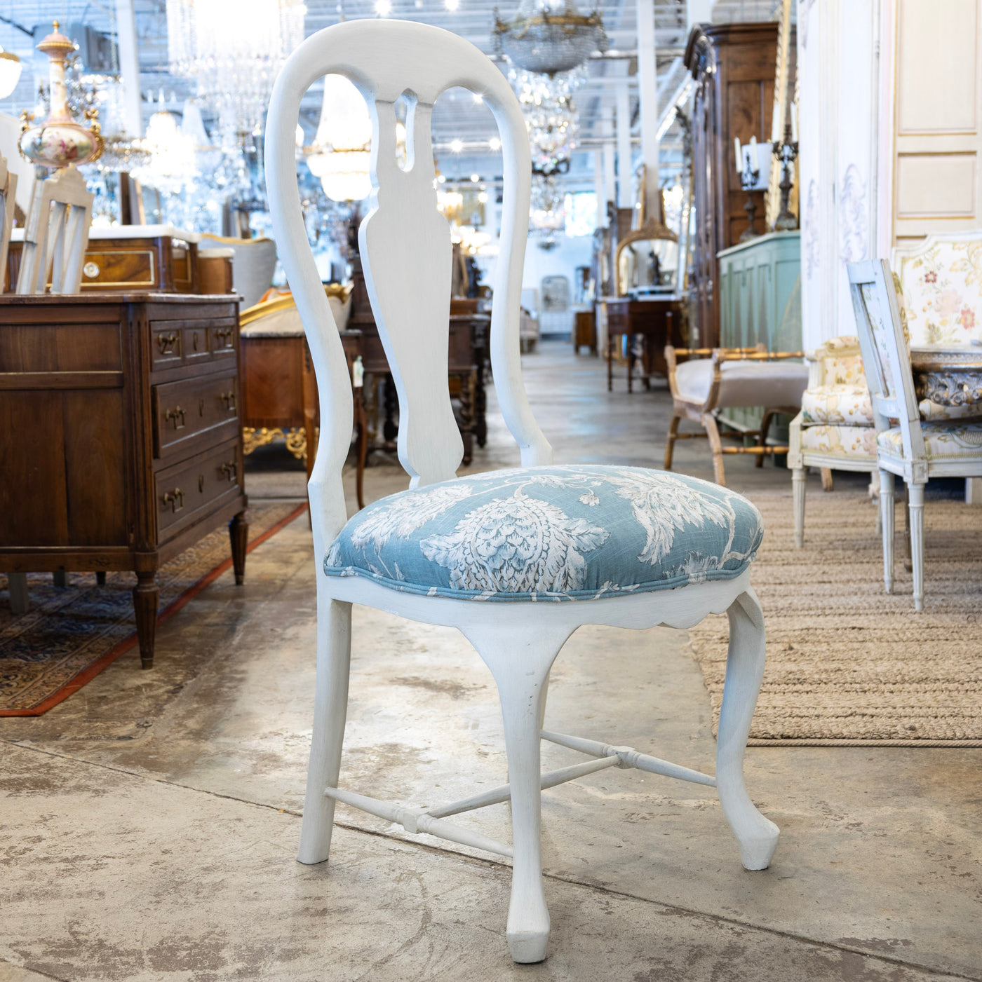 Swedish Dining Chair – Dove White with Blue Floral Upholstery