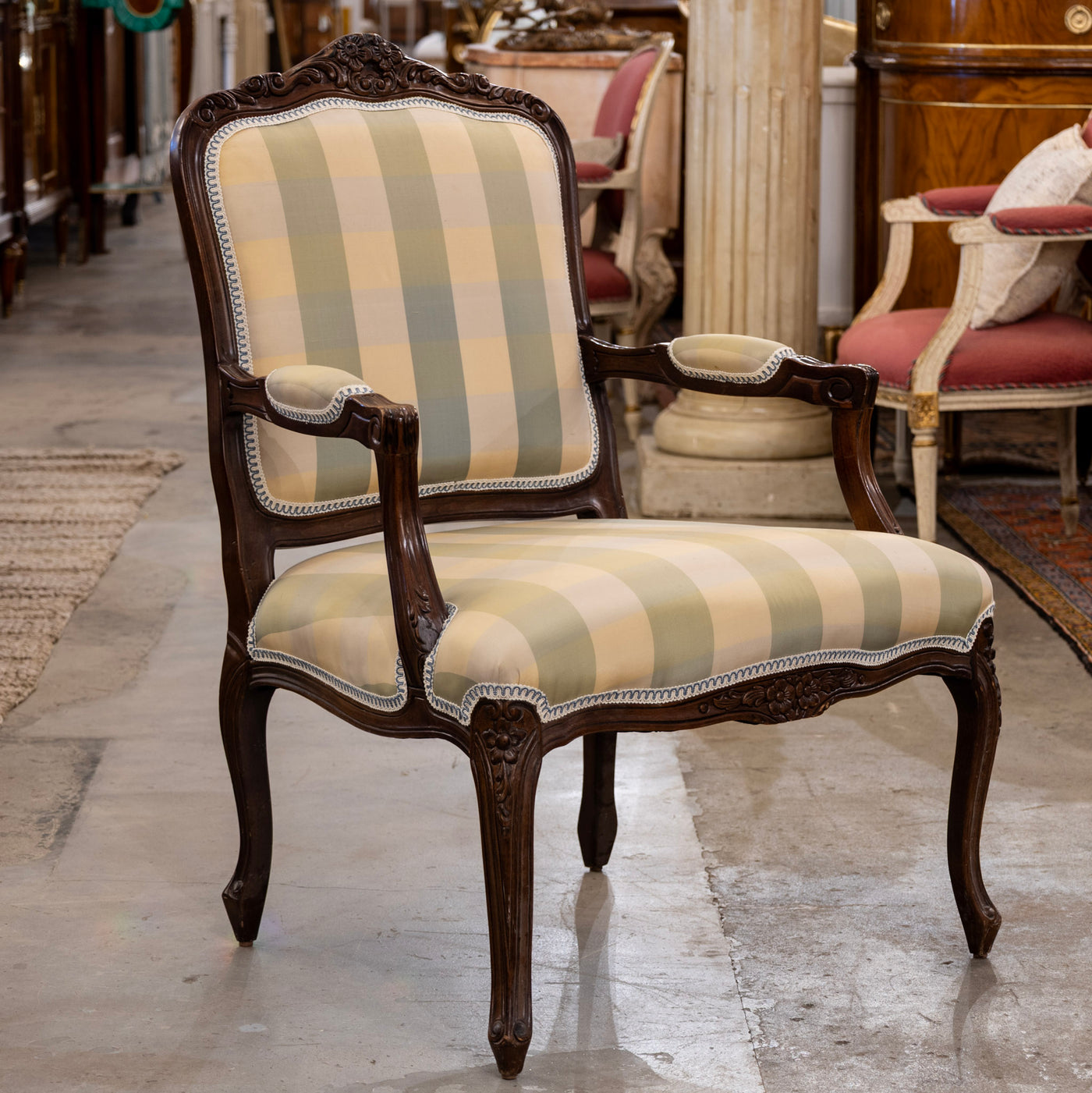 Pair of Louis XV Carved Armchairs – Brown Frame with Green and Yellow Checked Upholstery