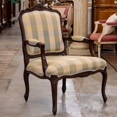 Pair of Louis XV Carved Armchairs – Brown Frame with Green and Yellow Checked Upholstery