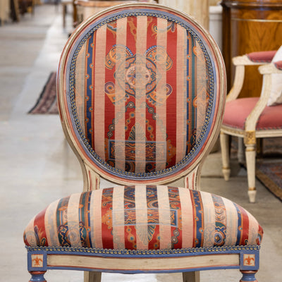 Pair of Louis XVI Accent Chairs – Blue and Red Painted Frames with Striped Upholstery