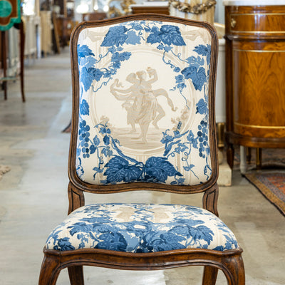 Pair of Louis XV Accent Chairs – Brown Frame with Blue & Cream Mythological Upholstery