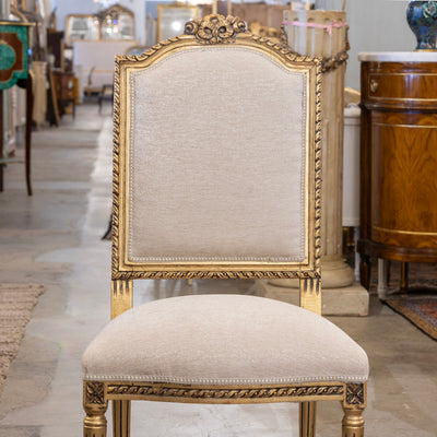 Louis XVI Dining Chair – Gilded Frame with White Linen Upholstery and Bow Detail
