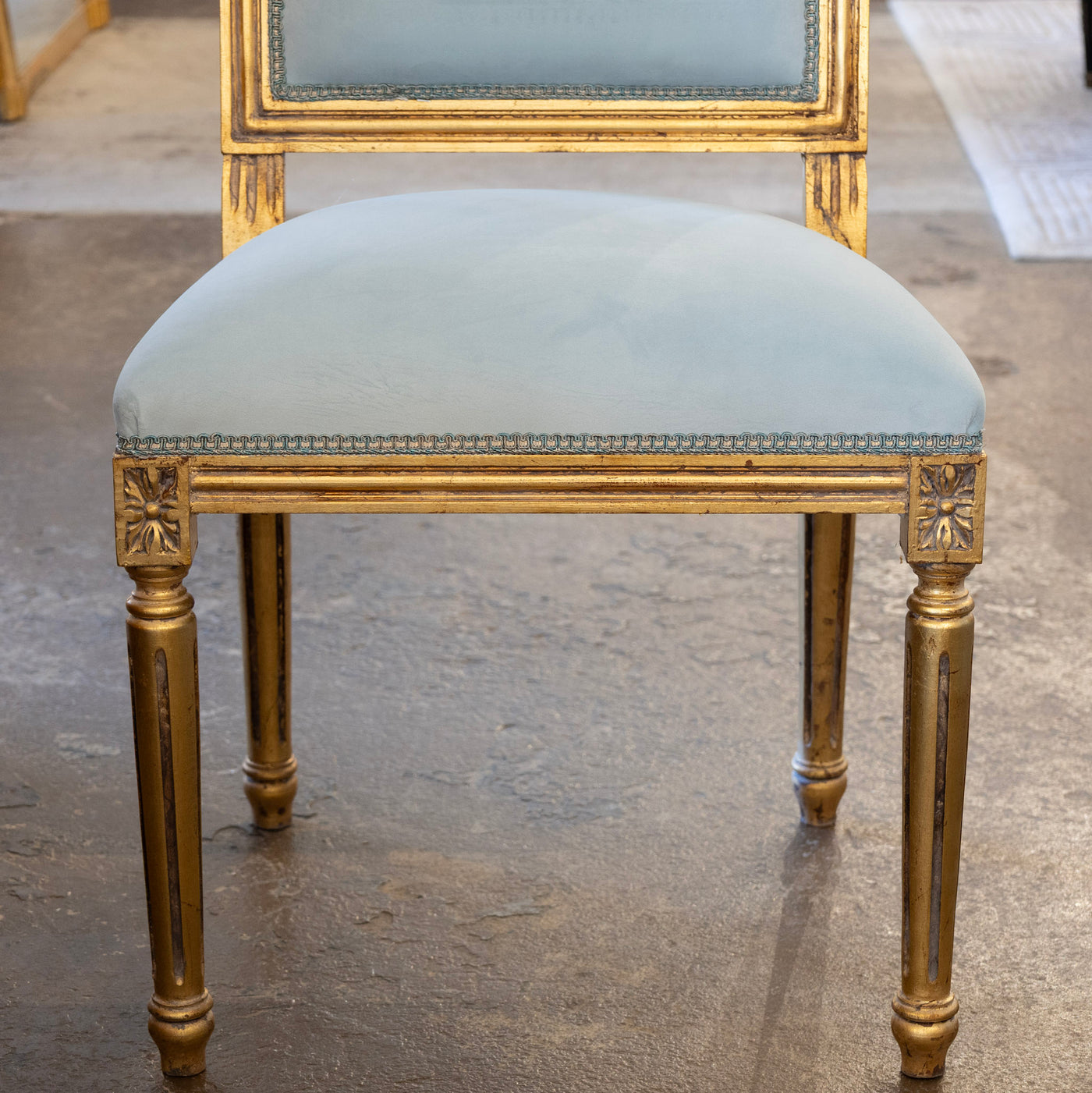 Louis XVI Square Gilded Dining Chair – Blue Velvet Upholstery