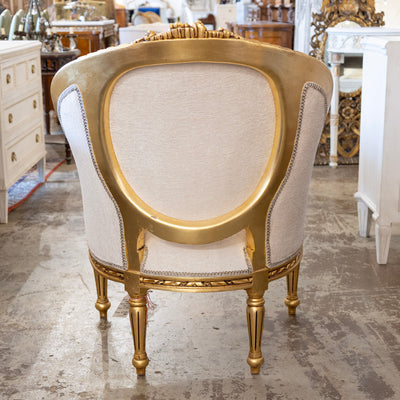 Louis XVI Gilded Round Bergère Chair – White Silk Weave Upholstery