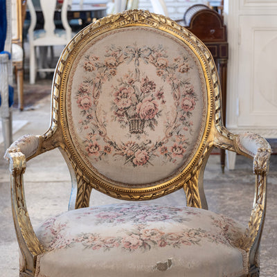 Louis XVI Gilded Armchair – Original Aubusson Floral Upholstery
