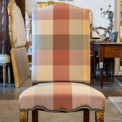 Pair of Louis XVI Accent Chairs – Gilded Details & Plaid Upholstery