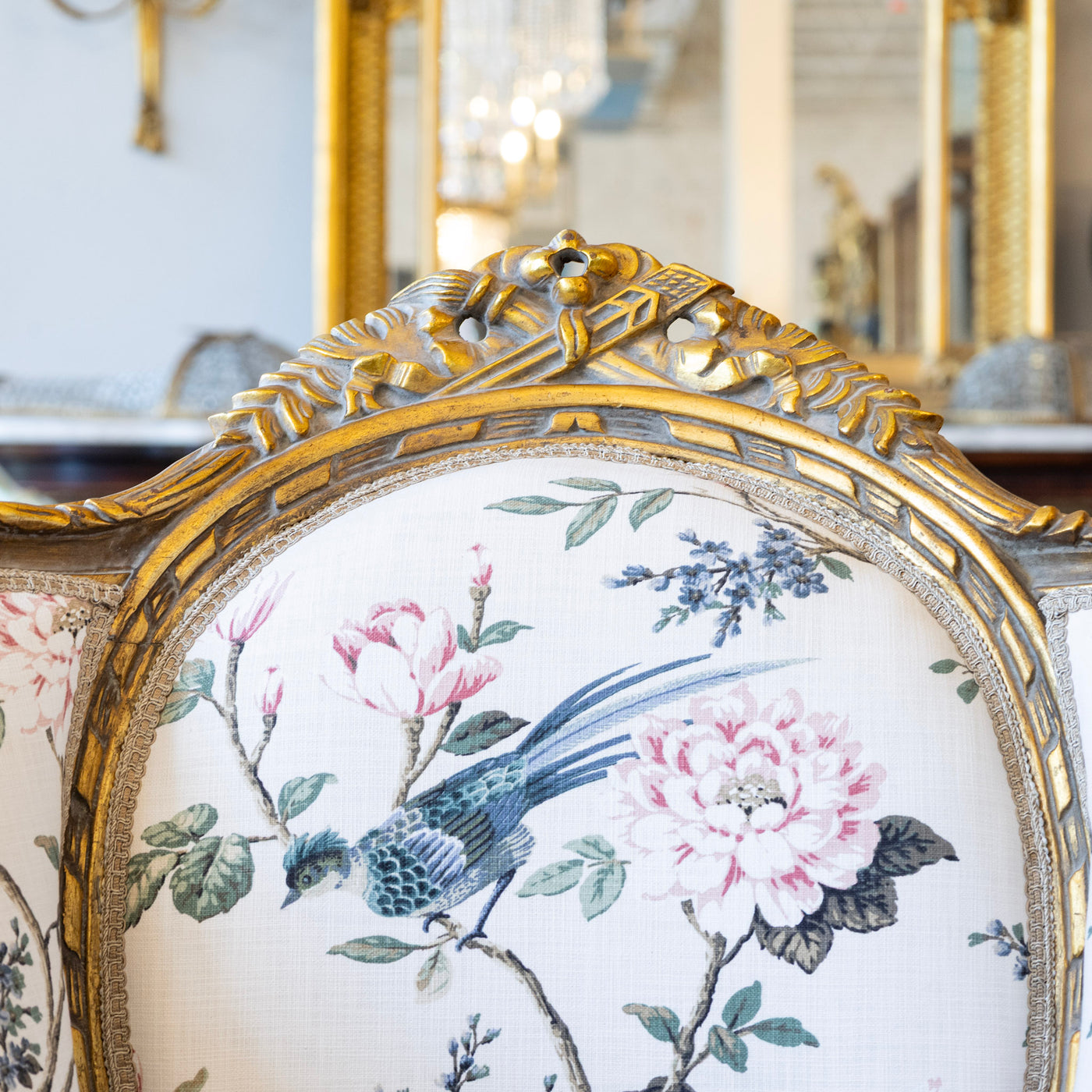 Louis XVI Gilded Bergère Chair – Chinoiserie Floral Linen & Green Velvet Upholstery