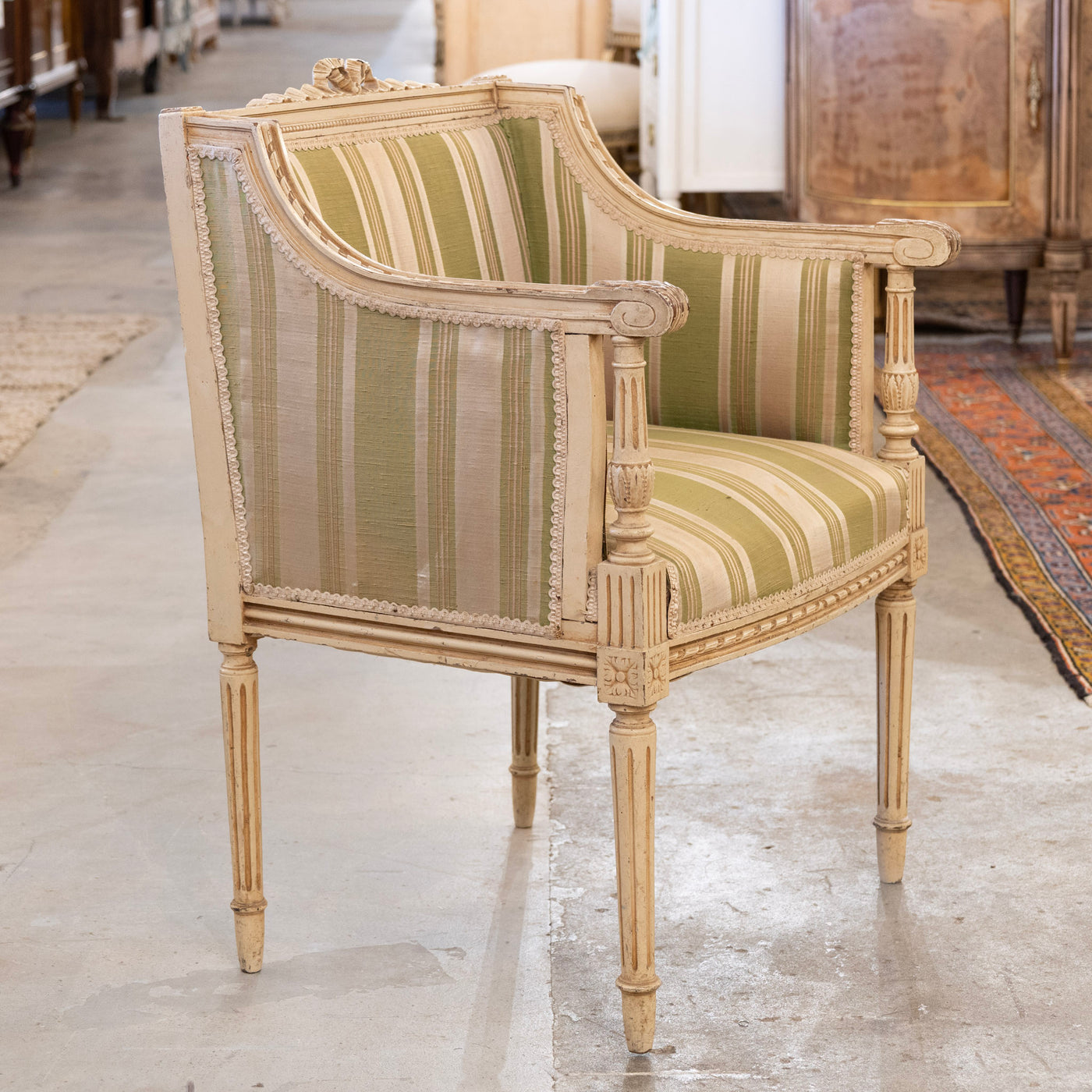 Pair of Louis XVI Painted Accent Chairs – Original Green Striped Upholstery
