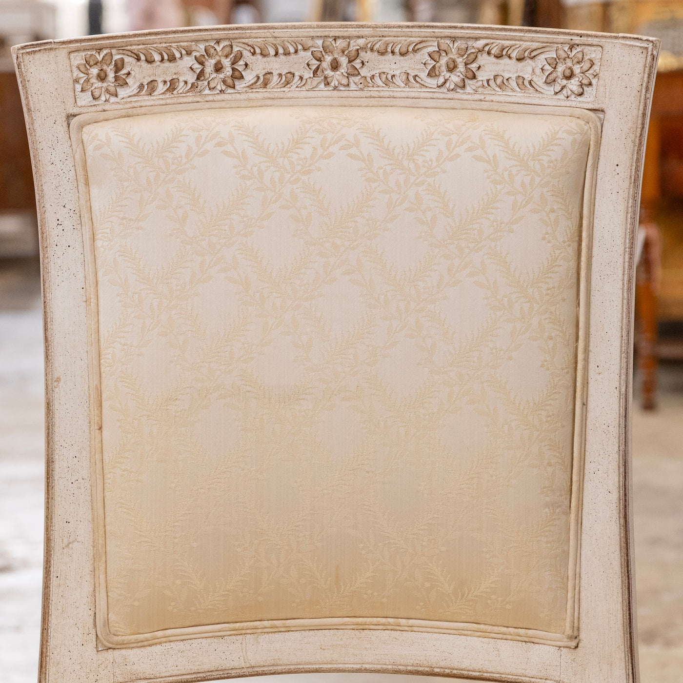 Louis XVI Antique White Dining Chair –  Original Cream Damask Upholstery