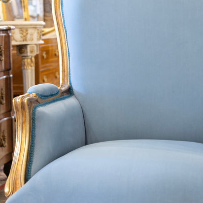 Louis XV Gilded Bergère Gilded Chair – Blue Velvet Upholstery - Bergère Chairs | Le Chateau (Atlanta, GA) • 9