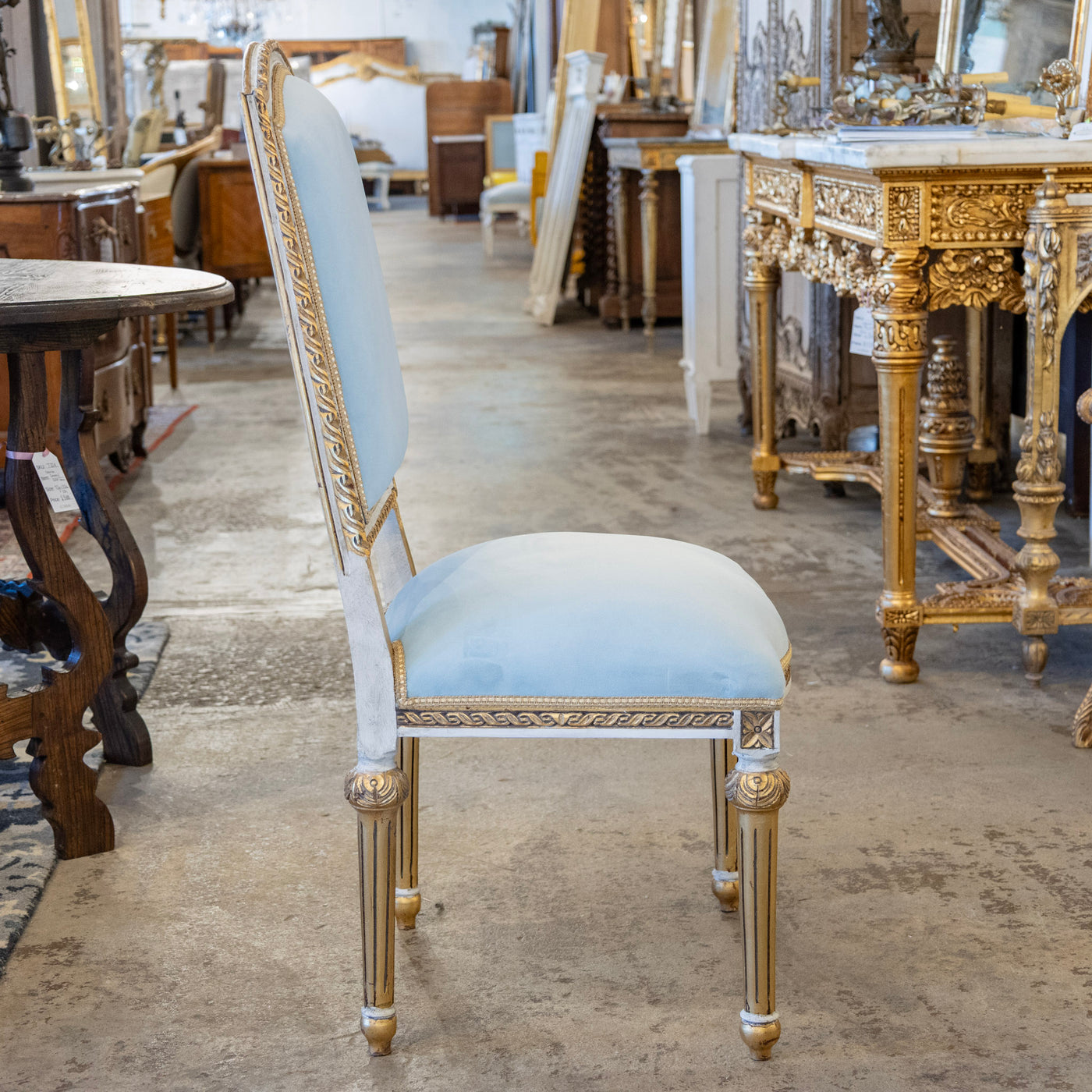 Louis XVI Square Dining Chair – Gold & White Trim with Blue Velvet