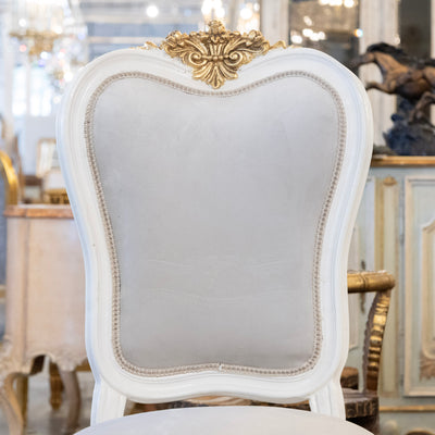 Grand Louis XV Style White & Gold Round Dining Chair – Grey Velvet Upholstery