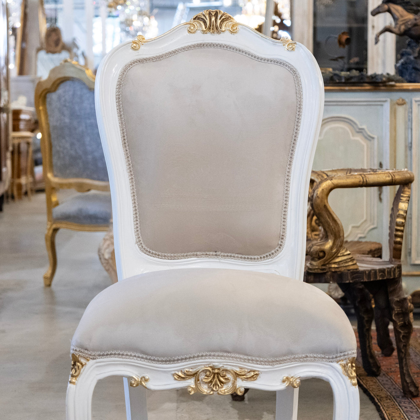 Louis XV Style White & Gold Round Dining Chair – Grey Velvet Upholstery