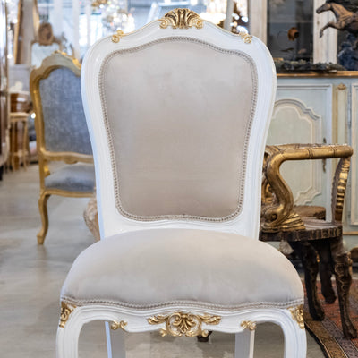 Louis XV Style White & Gold Round Dining Chair – Grey Velvet Upholstery