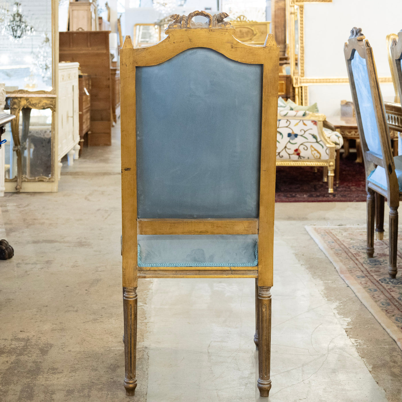 Louis XVI Gilded Square Dining Chair –  Carved Crest & Blue Velvet Upholstery