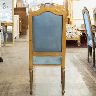 Louis XVI Gilded Square Dining Chair –  Carved Crest & Blue Velvet Upholstery