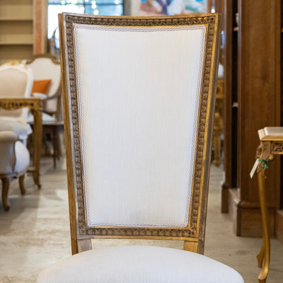 Louis XVI Tall Back Gilded Dining Chair – White Linen Upholstery