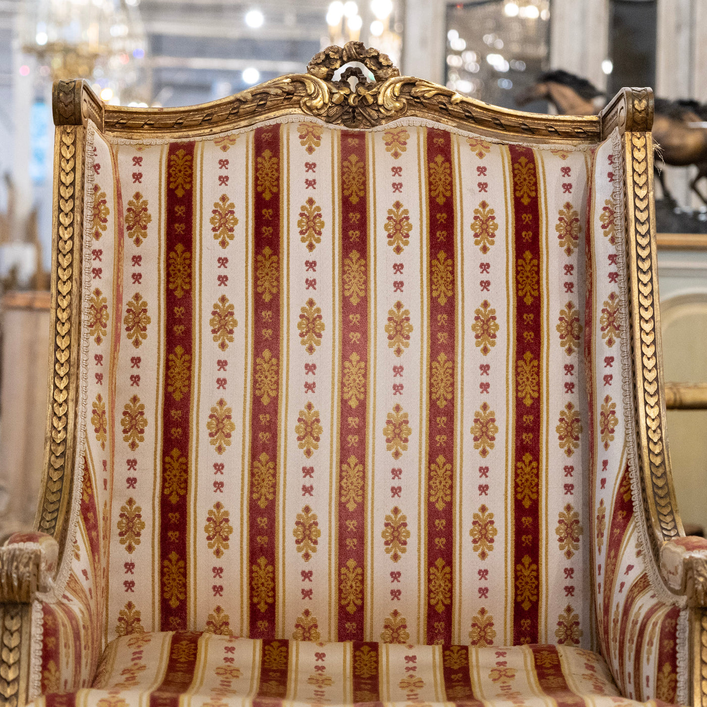 Pair of Louis XVI Gilded Armchairs – Striped Damask Upholstery