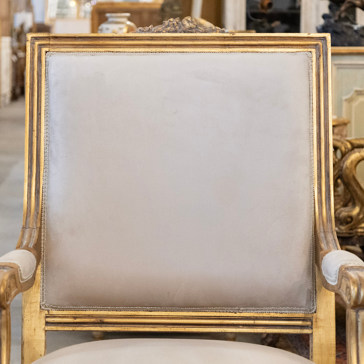 Pair of Louis XVI Gilded Captain Chairs – Cream Velvet Upholstery