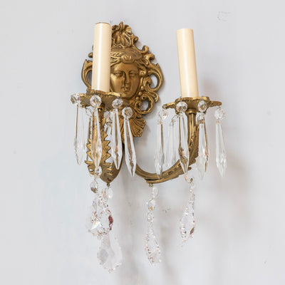 Pair of Medusa Rococo Brass Wall Sconces –  Swarovski Crystal Drops