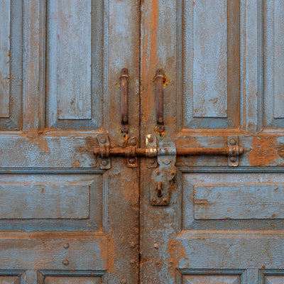 Blue Painted Double Doors – Distressed Finish with Stained Glass Transom - Door | Le Chateau (Atlanta, GA) • 5