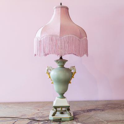 French Porcelain Lamp – Hand-Painted Roses & Pink Fringe Shade