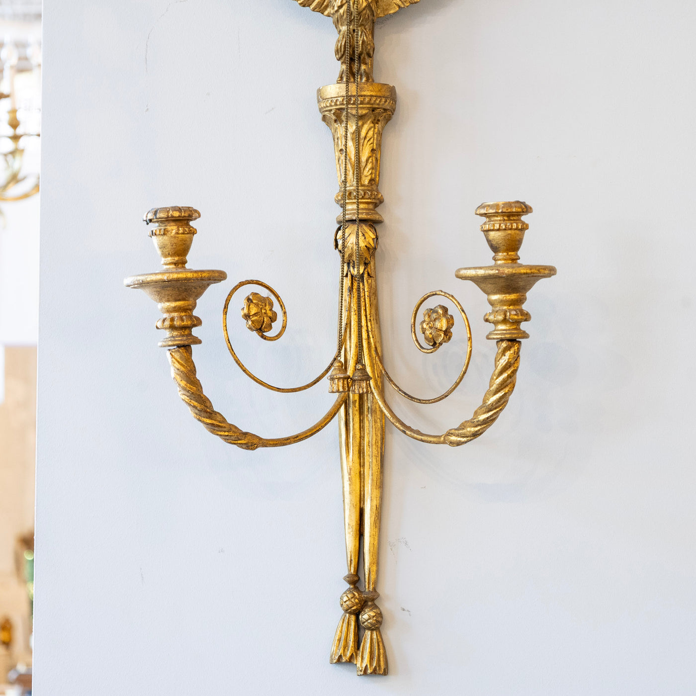Pair of Louis XVI Gilded Wall Sconces – Carved Ribbon Crest & Eagle Motif