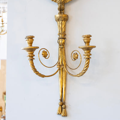 Pair of Louis XVI Gilded Wall Sconces – Carved Ribbon Crest & Eagle Motif