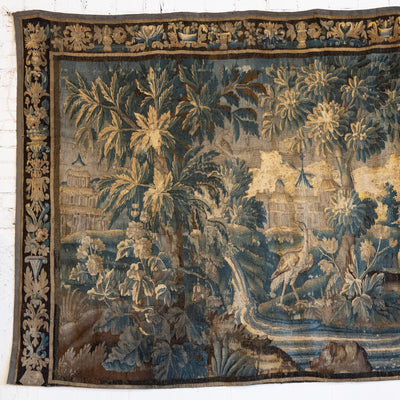 Antique French Flemish Tapestry – Handwoven Verdure Scene with Birds & Architecture