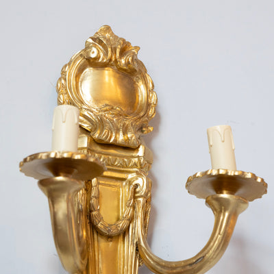 Pair of Louis XVI Gilded Wall Sconces – Carved Crest in Bright Gold