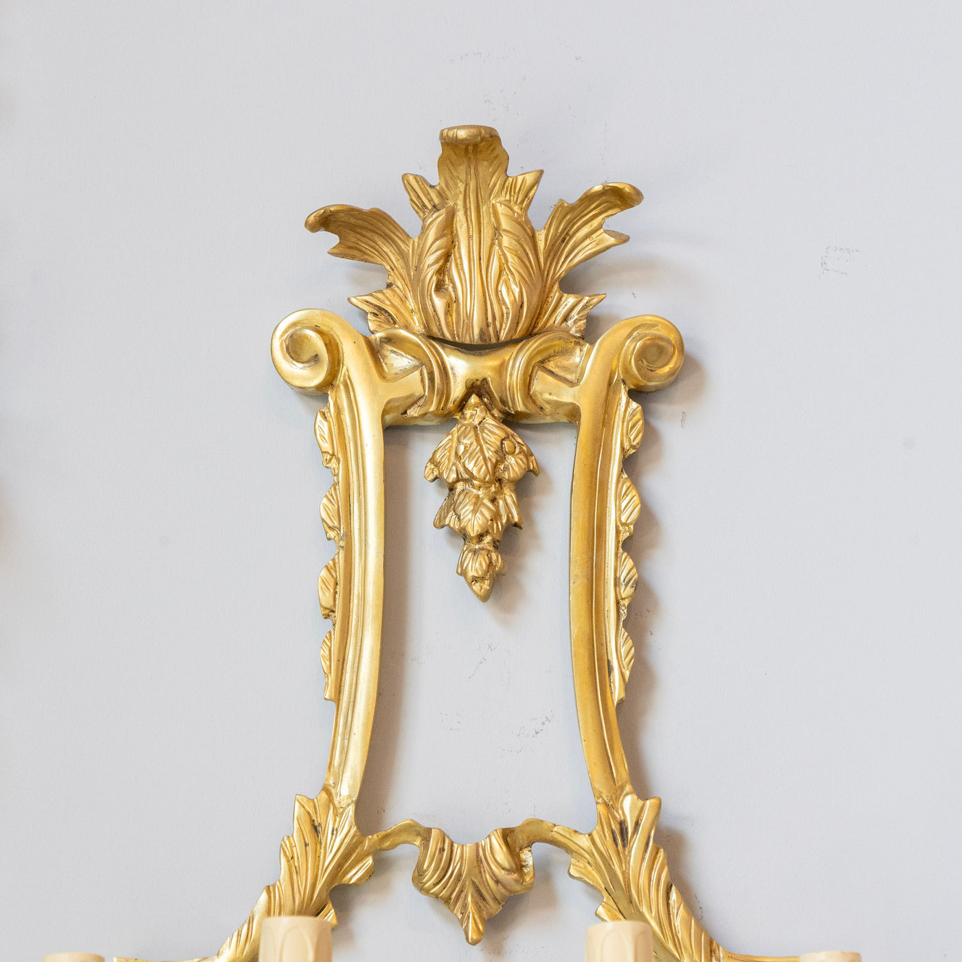 Pair Louis XVI Grand Gilded Wall Sconces – Bright Gold with Leaf Carvings - Wired Sconces | Le Chateau (Atlanta, GA) • 3