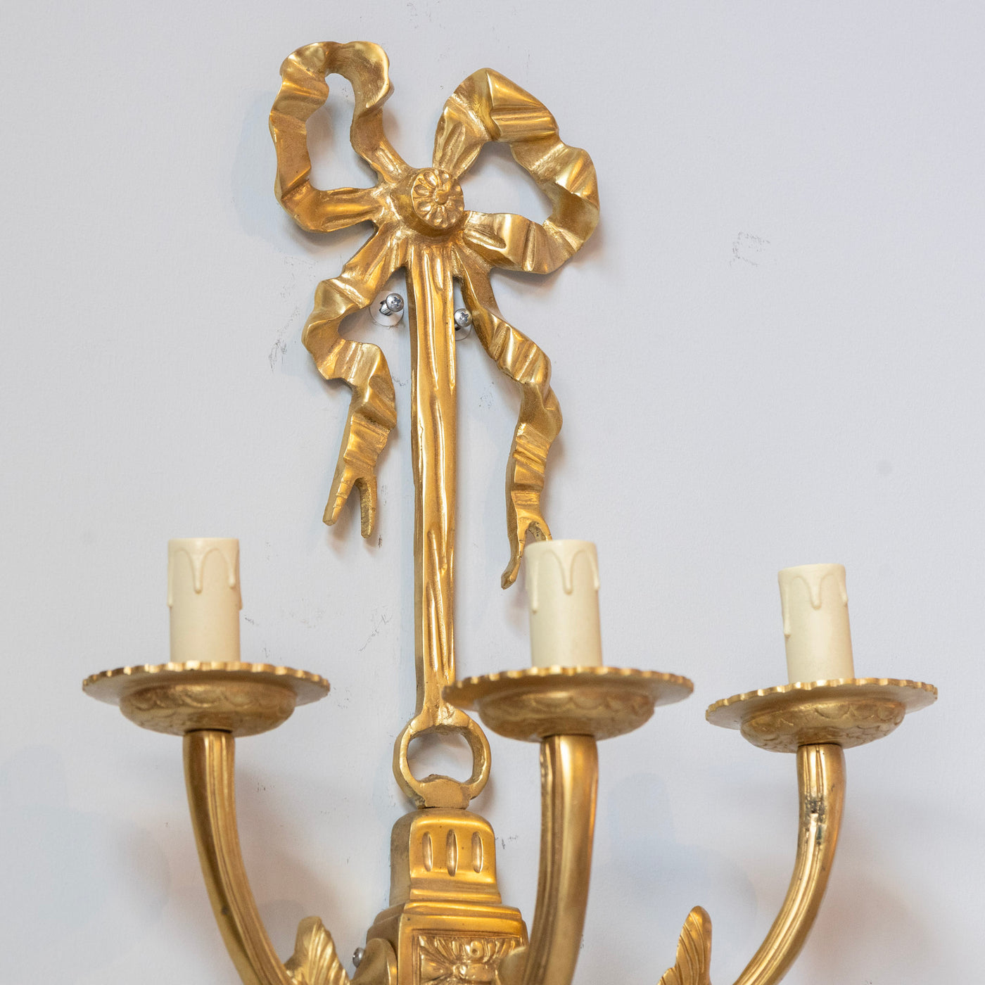 Pair of Louis XVI Grand Gilded Wall Sconces – Bright Gold with Bow Frame - Wired Sconces | Le Chateau (Atlanta, GA) • 3
