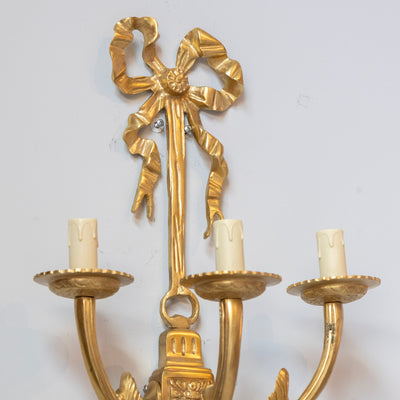 Pair of Louis XVI Grand Gilded Wall Sconces – Bright Gold with Bow Frame - Wired Sconces | Le Chateau (Atlanta, GA) • 3