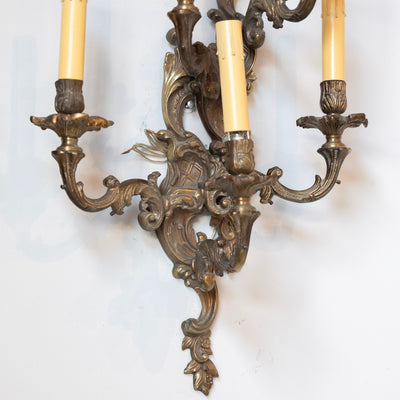 Pair of Louis XV Aged Brass Sconces – Rococo Scrollwork & Five Candle Arms - Wired Sconces | Le Chateau (Atlanta, GA) • 6
