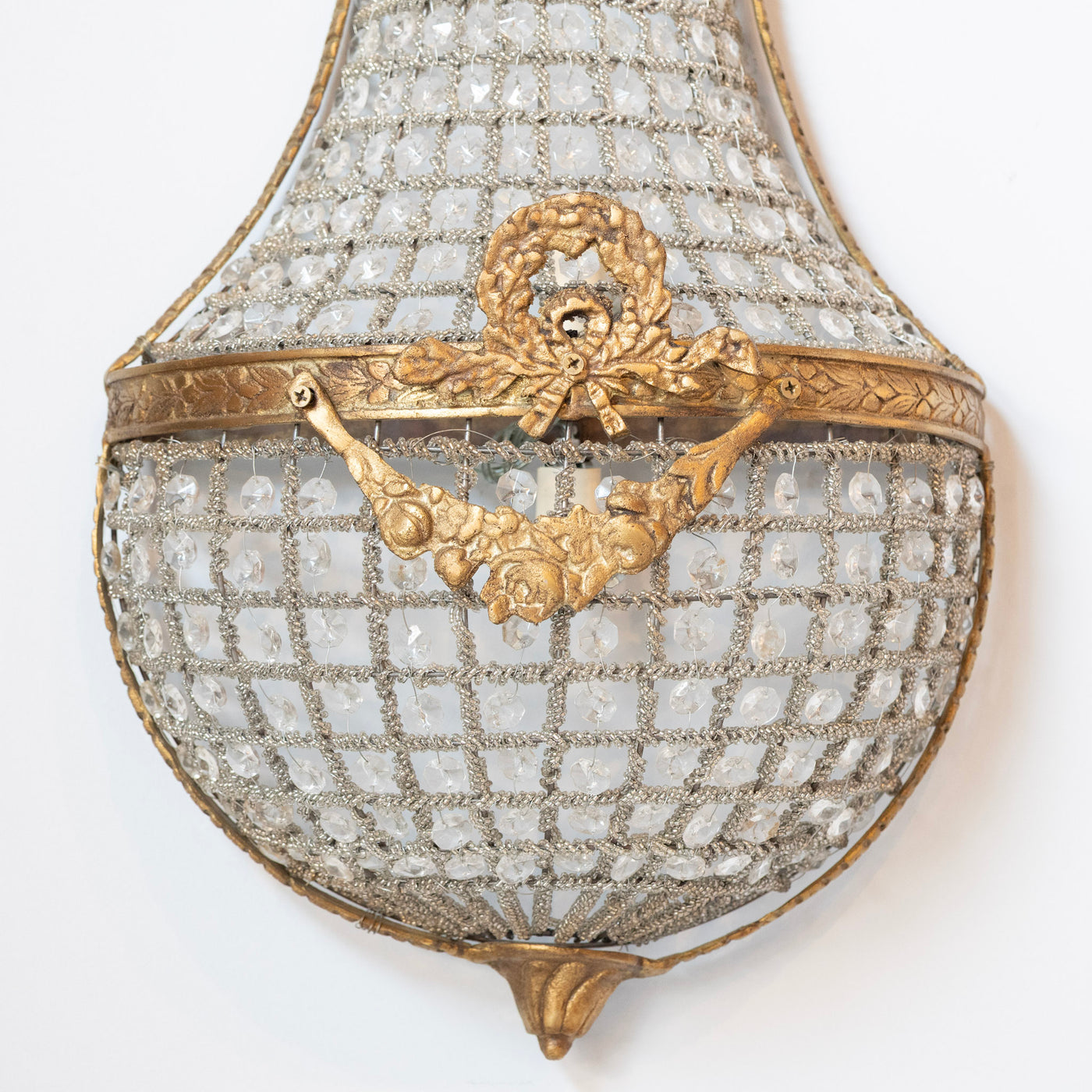 Pair of French Empire Crystal Basket Sconces – Gilded Bronze Trim