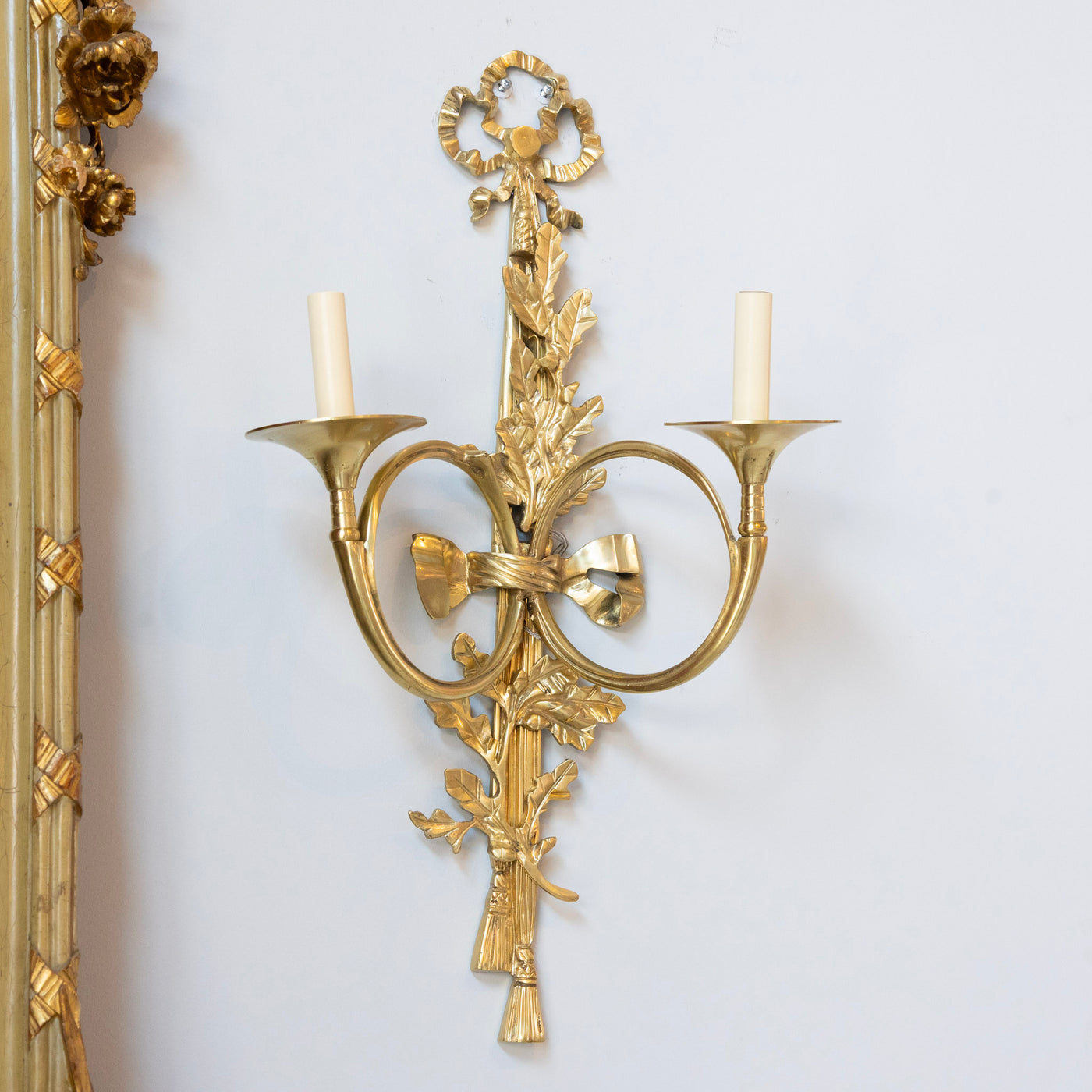 Pair of Louis XVI Brass Sconces – Bow Frame & Laurel Detailing - Wired Sconces | Le Chateau (Atlanta, GA) • 2