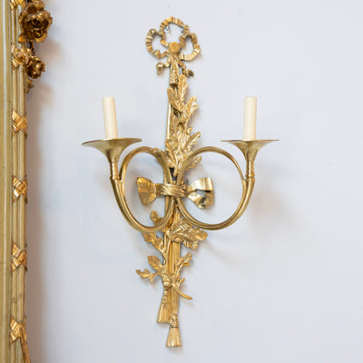Pair of Louis XVI Brass Sconces – Bow Frame & Laurel Detailing - Wired Sconces | Le Chateau (Atlanta, GA) • 2