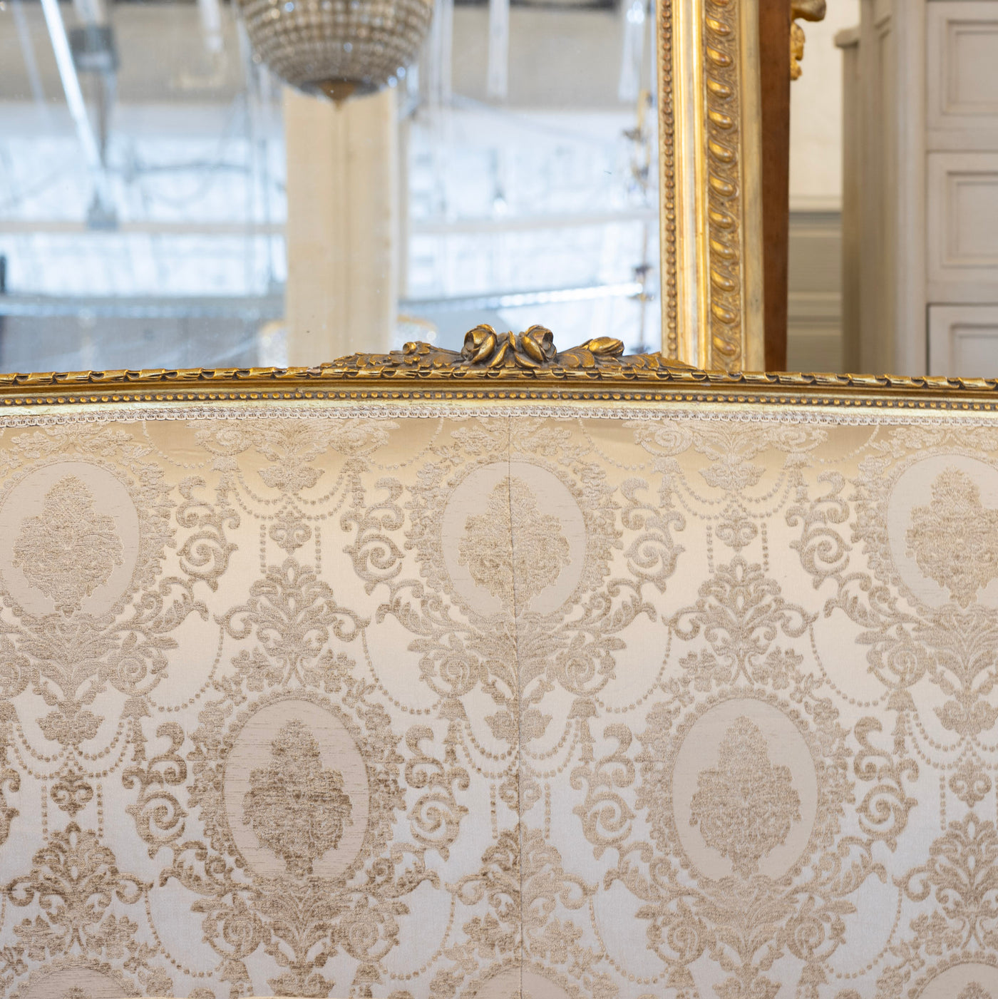 Louis XVI Sofa – Gilded with Damask Upholstery