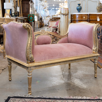Louis XVI Gilded Settee – Pink Velvet Upholstery & Carved Detail