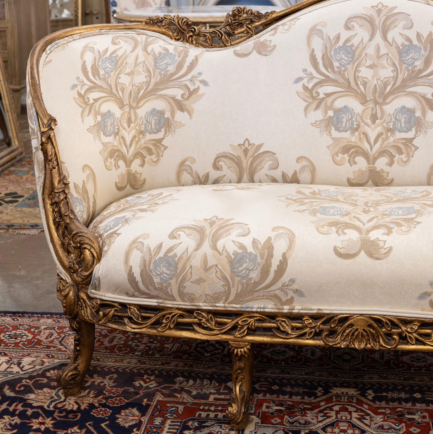 Louis XV Gilded Sofa – Carved Floral Frame & Cream Damask Upholstery