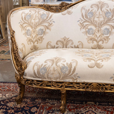 Louis XV Gilded Sofa – Carved Floral Frame & Cream Damask Upholstery