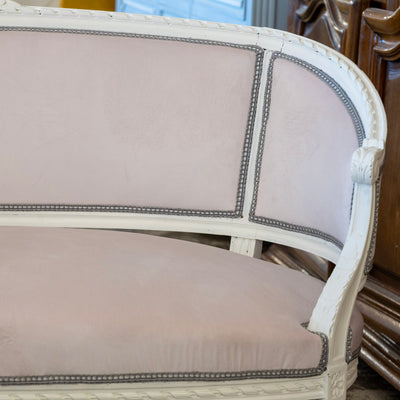 Louis XVI Petite Settee – White Frame & Baby Pink Velvet Upholstery