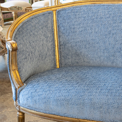 Louis XVI Round Settee – Gilded Frame & Greek Key Blue Velvet